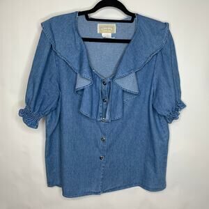 Vintage Bonjour Denim Chambray Ruffle Top Sz Large